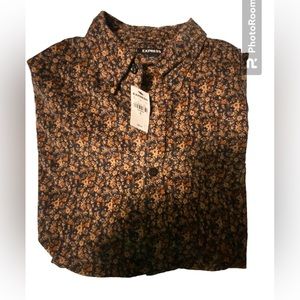 New Express Floral Print Stretch Corduroy Button Down Shirt